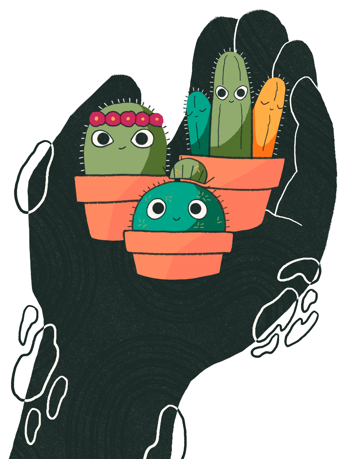 Three cactus characters resting comfortably in the palm of a large silhouetted hand.