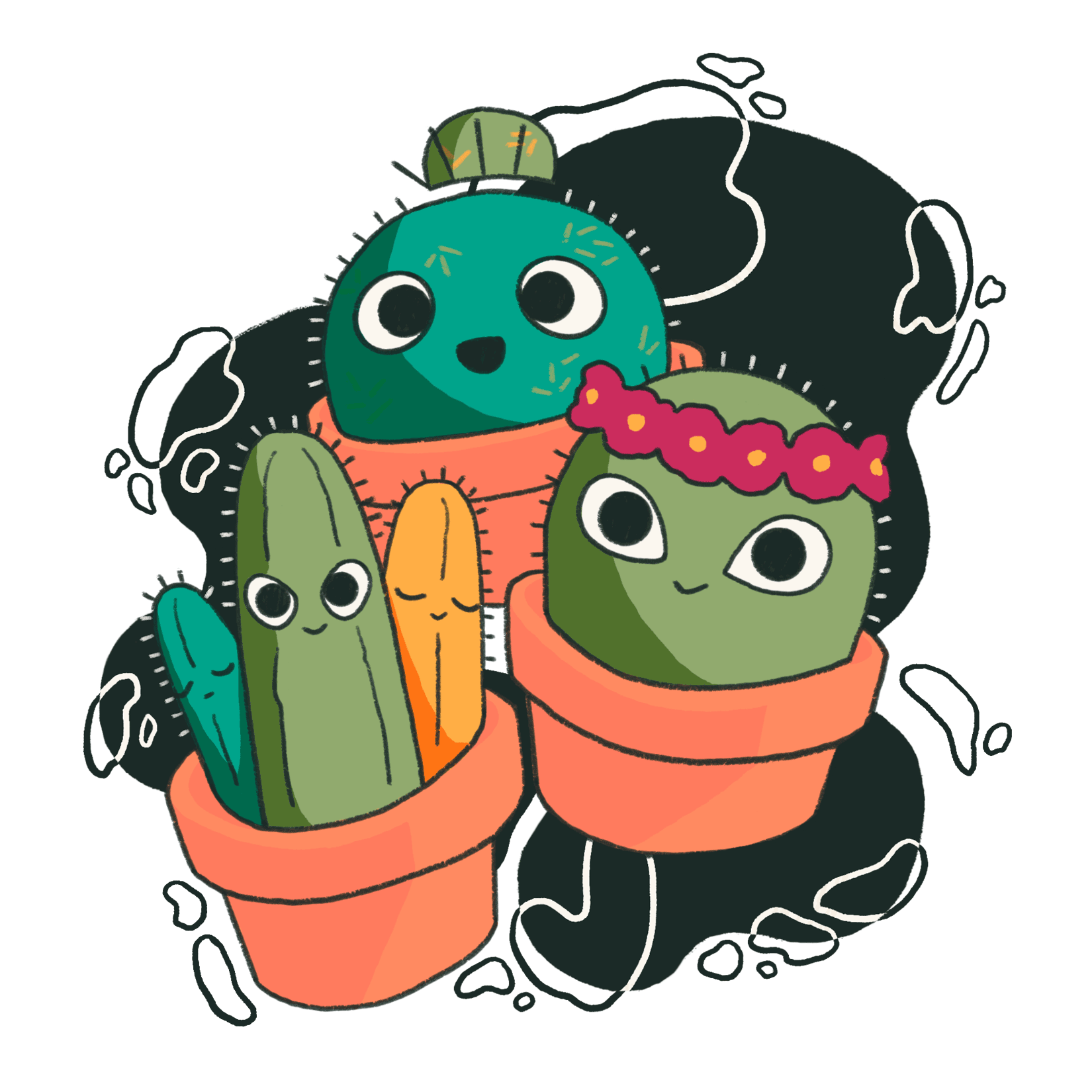 Three cactus characters smiling happily while floating among dark green wavy shapes.