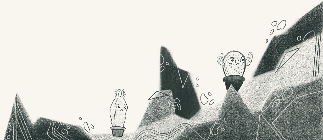 Two cactus characters trying their best to climb a rocky mountain. 