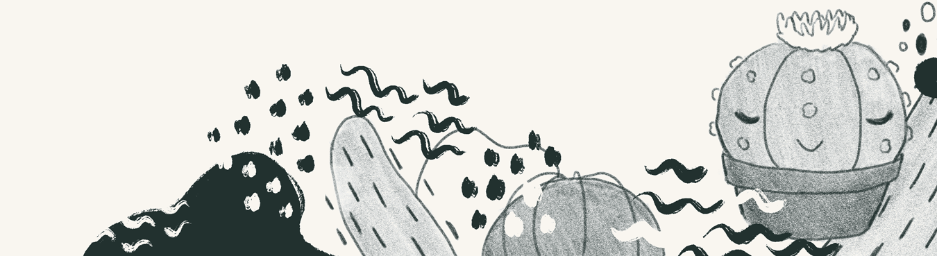 A round cactus character peacefully sleeping among some round hills and wavy lines.