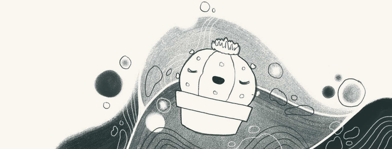 A round cactus character relaxing on a soft looking hill.