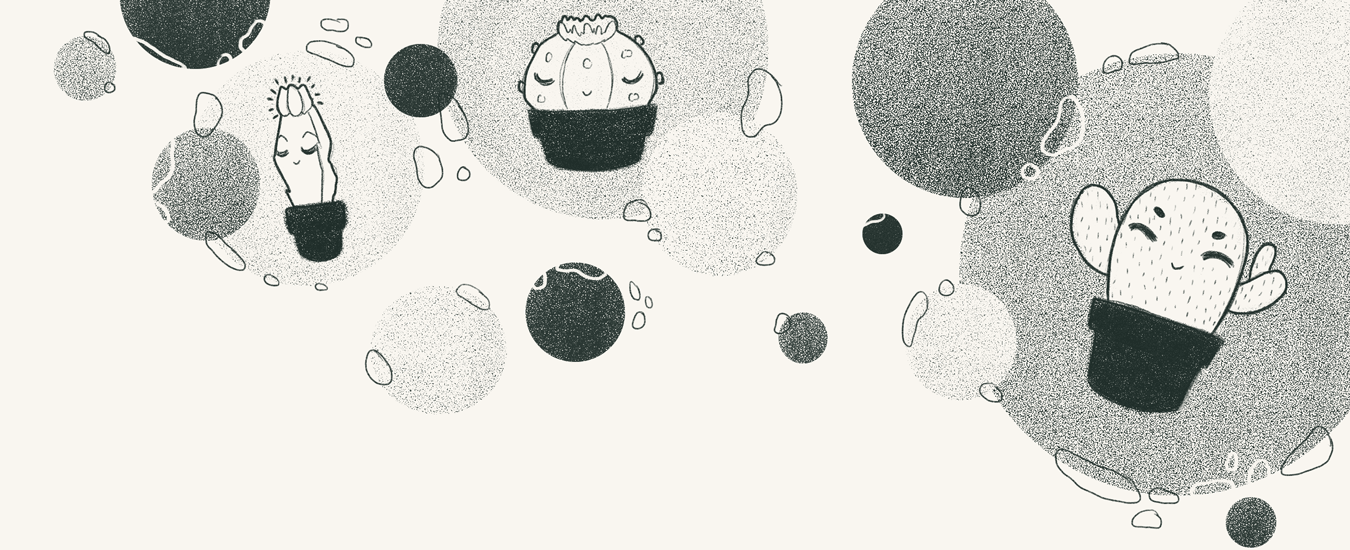 Three cactus characters peacefully floating in some bubbles. There are other, smaller bubbles floating around them.