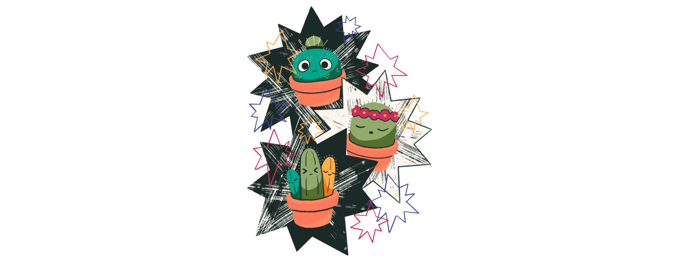 Three distressed cactus characters stranded in some pointy stars.